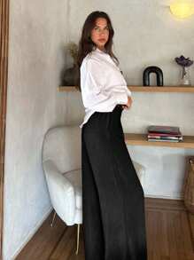 EURMUSE WOMEN WIDE LEG HIGH WAIST PANTS WITH BELTED - Black - View 5