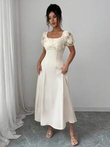 Elenzga Women's Elegant Floral Lace Textured Satin A-Line Maxi Dress, Square Neckline