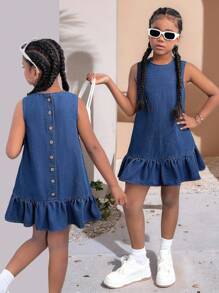 SHEIN Tween Girls Summer Fall Casual Solid Washed Button Back Open Back Ruffle Hem Denim Dress Without Sleeves,Suitable For Daily Travel, Outdoor, Home, Brunch, Tea Party, Commute, Airport Wear,Girls Autumn Fall Clothes Outfits,Kids Back To School Clothes,Country Concert Outfit Girls Denim,Dress Denim Dress For Tweens, Tween Girls Casual Dress, Sleeveless Denim Dress, Girls Summer Dress, Girls Denim Dress, Girls Ruffle Denim Dress Winter