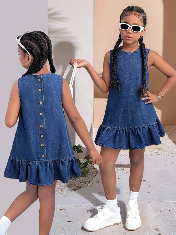 SHEIN Tween Girls Summer Fall Causal Solid Washed Button Back Open Back Ruffle Hem Denim Dress Without Sleeves,Suitable For Daily Travel, Outdoor, Home, Brunch, Tea Party, Commute, Airport Wear,Girls Autumn Fall Clothes Outfits,Kids Back To School Clothes,Country Concert Outfit