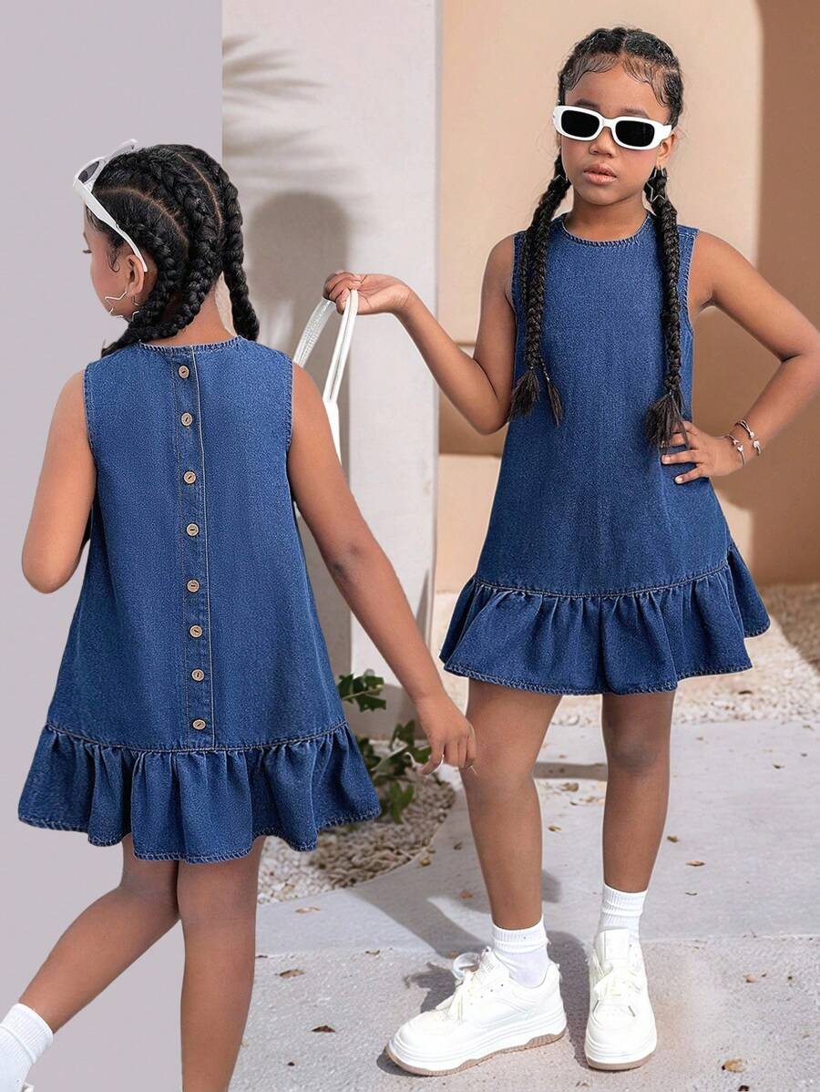 SHEIN Tween Girls Summer Fall Casual Solid Washed Button Back Open Back Ruffle Hem Denim Dress Without Sleeves,Suitable For Daily Travel, Outdoor, Home, Brunch, Tea Party, Commute, Airport Wear,Girls Autumn Fall Clothes Outfits,Kids Back To School Clothes,Country Concert Outfit Girls Denim,Dress Denim Dress For Tweens, Tween Girls Casual Dress, Sleeveless Denim Dress, Girls Summer Dress, Girls Denim Dress, Girls Ruffle Denim Dress Winter
