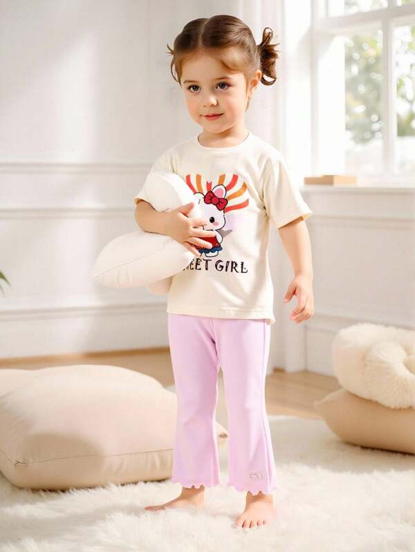 2 Stücke Baby Mädchen Sommer Outfit bestehend aus lässigem kurzärmligem gestreiftem Oberteil und ausgestellter Hose, Motiv: Cartoonhase und Herzen