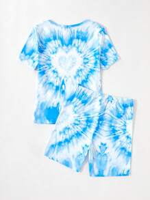 2pcs Tween GirlsCute Tie-Dye Pixie Print Casual Minimalist Short Sleeve Shorts Snug Fit Pajamas Set, Homewear - Blue - View 2