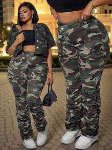 加大码女式迷彩不对称腰部工装裤，街头潮流牛仔夏季迷彩牛仔裤牛仔女加大码迷彩工装裤音乐节 - 軍綠色 - 查看 1