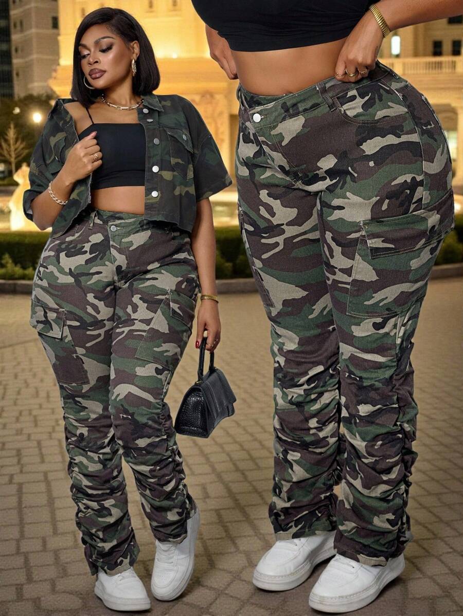 加大码女式迷彩不对称腰部工装裤，街头潮流牛仔夏季迷彩牛仔裤牛仔女加大码迷彩工装裤音乐节 - 軍綠色 - 查看 1