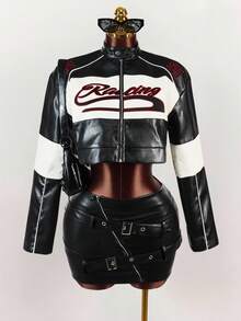 Amplova Damen Farbblock Frontzipp Langarm Buchstaben Muster einfache PU Jacke