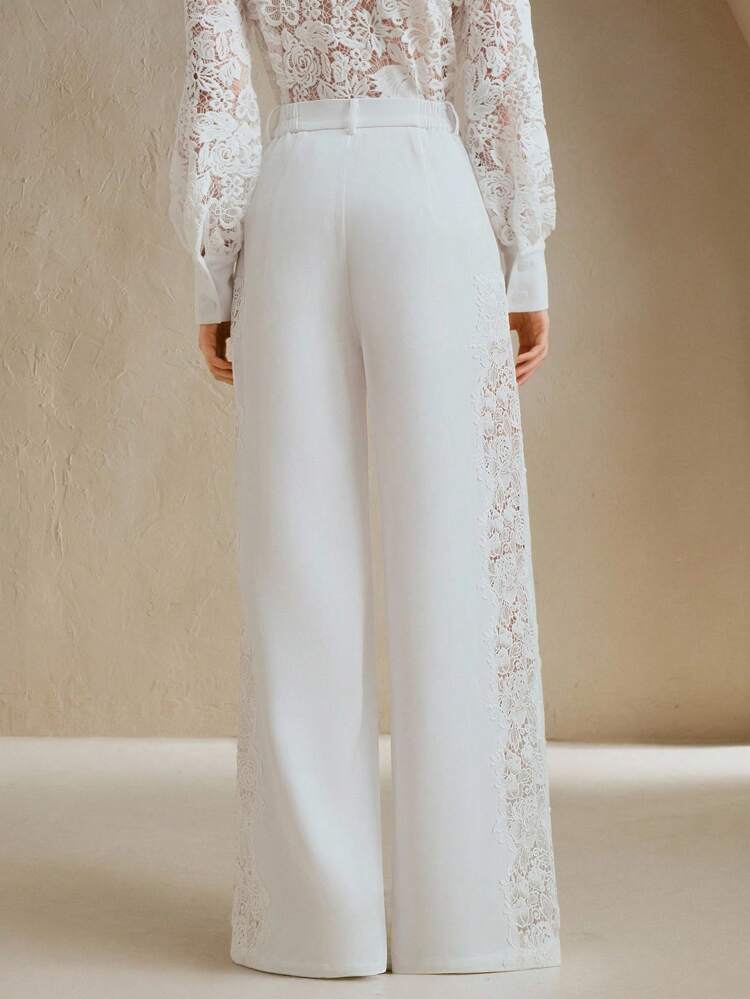 Women Clothes Fall & Winter Comfortable Loose Elegant And Simple Back To School Season Workplace Commuting Daily Leisure Family Gathering Water-Soluble Lace Embroidery With Lining Wide-Leg Solid White Women's Pants