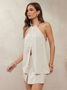 L'Amorae Women's Resin Bangle Collar Trim Summer Vest, Boho Vacation Casual - Apricot - View 4