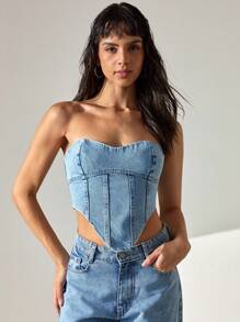 CLARA VERO Woman Back Lace Detailed Strapless Denim Top Denim Two Piece Outfits Denim Tube Top Jean Tube Top Denim Corset Top Jeans Top - Medium Wash - View 3