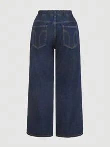 SHEIN PETITE CURVE Plus Size Summer Fall Autumn Back To School Homecoming Halloween Clothes Basic Stockholm Y2k Cute 2000s Style Streetwear Goth Old Money Modest Vintage Country Business Casual Woman Business Casual Woman Office For Women Airport For Women Church Women Teacher Plus Size Going Out Women's Pockets Wide Leg Loose Casual Versatile Blue Jeans Baggy Jeans Low Rise Jeans - Blue - View 2