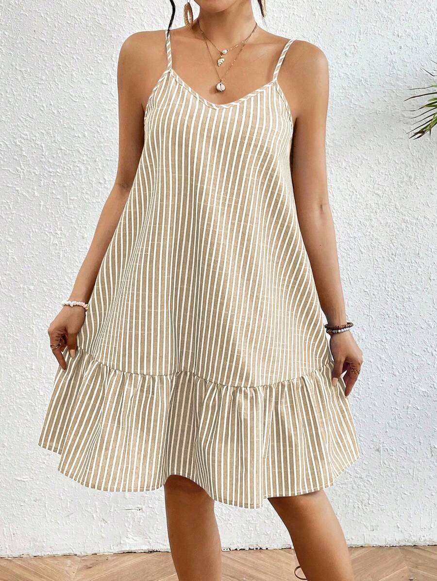 Breezaya 女式条纹荷叶边下摆无袖夏季连衣裙 - 卡其色 - 查看 1