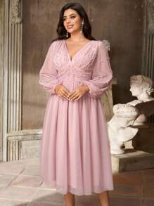 Aureia 大码秋季优雅浪漫莲花粉色奢华电脑串珠设计深V领灯笼袖蓬蓬裙，适合晚宴、单身派对、约会、生日、度假、毕业季、返校季、婚礼、舞会、返校节、生日、复古、情人节等场合。 - 藕粉色 - 查看 3