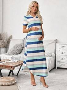 SHEIN 孕妇条纹V领短袖休闲T恤连衣裙（夏季） - 彩色 - 查看 5