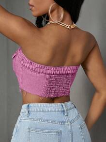 Slaydiva 夏季街头时尚前扣磨边短款上衣 - 粉色 - 查看 3