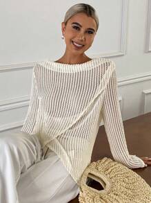 DAZY Dessus ample transparent et semi-transparent de couleur unie minimaliste et décontracté pour les vacances, avec ourlet enveloppant et détails ajourés