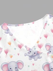 PopScrub Women's White V-Neck Short Sleeve Double Pocket Side Slit Cute Elephant Cartoon Animal Heart Balloon Print Nurse/Doctor Uniform Top/ Scrubs, Solid Color Pet Grooming Uniform Top/Dietitian Workwear Short Sleeve/Lab Coat With Multi-Pockets, Summer Ladies Top Women Scrub Tops Nurse Scrubs Nursing Scrub Tops Scrub Tops With Elephants Print Elephant Print Scrubs