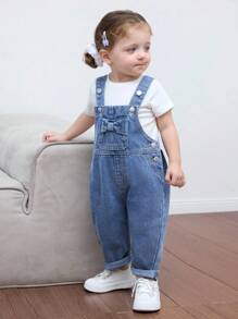 SHEIN Baby Girl Cute Bow Blue Denim Overalls, Casual And Comfortable Wear,Back To School Clothes - Medium Wash - View 6