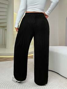 SHEIN EZwear 大码女式休闲纯色罗纹抽绳腰部宽松阔腿裤 - 灰色 - 查看 2