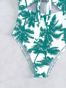 Swim Lushoire Women's Vacation Palm Tree Front Twist Cutout Design Sexy Spaghetti Strap One Piece Swimsuit For Summer