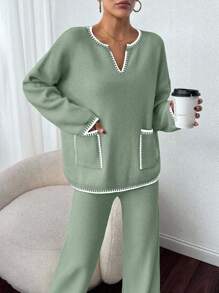 2 Stücke/Set Damen V-Ausschnitt mit Besatz Oversized Langarm Pullover mit Tasche und Strickjose Freizeitoutfit, Drop-Shoulder