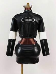 Amplova Damen Farbblock Frontzipp Langarm Buchstaben Muster einfache PU Jacke