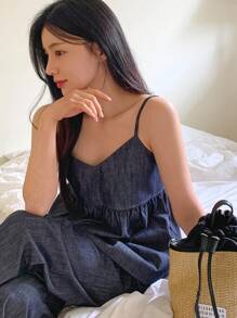 DAZY 女士纯色牛仔吊带背心和牛仔裤套装 - 藍色 - 查看 1