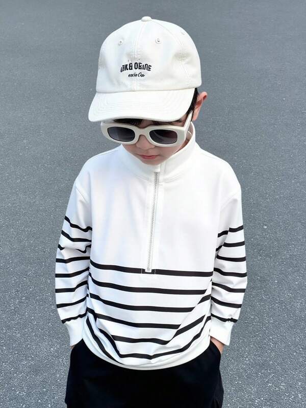 SHEIN Sudadera gruesa con cuello alto a rayas, cremallera y estampado jacquard, cómoda y casual para niños, ropa de vuelta al colegio