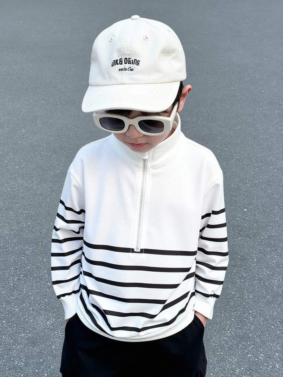 SHEIN 年轻男孩休闲舒适提花拉链半拉链条纹立领厚款运动衫，返校服 - 白色 - 查看 1