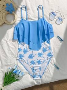 SHEIN 青少年女孩修身运动休闲荷叶边连体泳衣，简约舒适