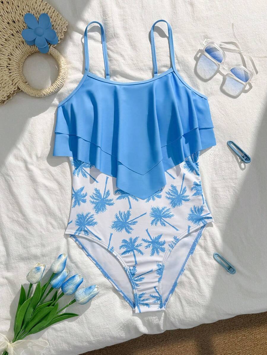 SHEIN 青少年女孩修身运动休闲荷叶边连体泳衣，简约舒适