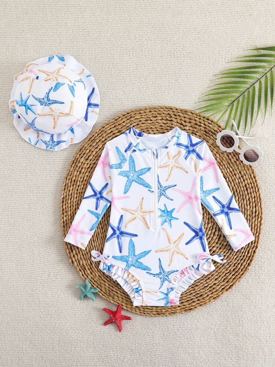 SHEIN GraphicGems 女婴蝴蝶印花连体长袖泳衣（带帽子） - 彩色 - 查看 1