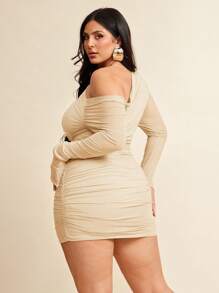 SHEIN BAE Đầm ôm body lưới xếp nếp cổ dài tay không đối xứng màu đen cỡ lớn dành cho nữ, gợi cảm & phù hợp cho mọi hoạt động hàng ngày, đi chơi, hẹn hò, trà chiều, kỳ nghỉ, mùa xuân/hè, trở lại trường, công sở - Màu be - Xem 2