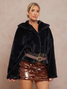 Lumalex Veste en fausse fourrure à col exagéré, épaules tombantes, avec ceinture pour femmes. Taille cintrée, ourlet court. Veste de luxe pour les fêtes, les réceptions, les banquets, les sorties, les vacances, les festivals, les mariages. Idéale pour l'hiver et l'automne. - Noir - Voir 9
