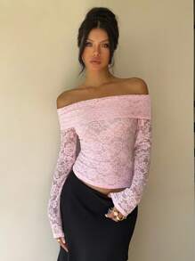 SHEIN EZwear 秋季女士约会之夜女士单件装露肩花卉蕾丝修身优雅T恤俱乐部女士性感 - 彩色 - 查看 4