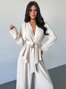 Firerie Bộ đồ nữ thanh lịch, rộng rãi, màu mơ, gồm áo dài tay và quần, gồm 2 món. - trắng - Xem 6