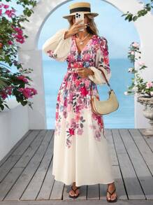 Vivid Eden 波西米亚花卉印花V领长袖连衣裙 - 彩色 - 查看 1