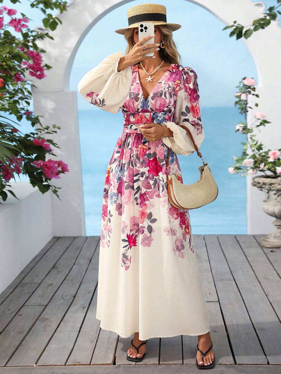 Vivid Eden 波西米亚花卉印花V领长袖连衣裙 - 彩色 - 查看 1