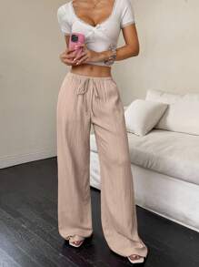Flirla 女士纯色腰带口袋阔腿宽松休闲裤 - 米色 - 查看 3
