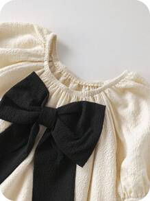 SHEIN Young Girl Woven Plain Round Neck Ruffle Bow Blouse - Apricot - View 6