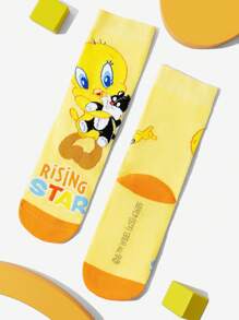 LOONEY TUNES X SHEIN 3 双棉质柔软透气吸湿排汗儿童中筒袜，彩色可爱卡通崔弟图案中筒袜，加固脚趾和脚跟，经久耐用，男女通用，四季百搭，适合学校和户外，黄色和蓝色 - 彩色 - 查看 9