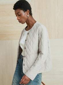 Aveloria Modichic 女士口袋装饰简约休闲圆领长袖宽松棉服外套 - 杏色 - 查看 1