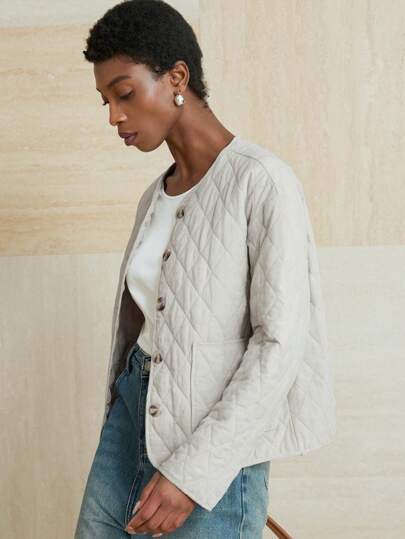 Aveloria Modichic Pocket Decor Simple Casual Round Neck Long Sleeve Loose Padded Coat For Women