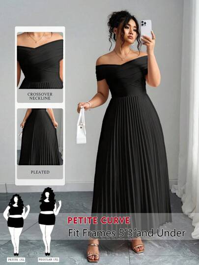 SHEIN PETITE Vestidos de fiesta de verano para mujeres de talla grande, con hombros fruncidos y plisados, elegantes vestidos de boda para invitados