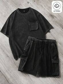 Manfinity Hypemode 大码男士纯色水洗休闲短袖衬衫和短裤套装，舒适服装