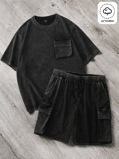 Manfinity Hypemode 大码男士纯色水洗休闲短袖衬衫和短裤套装，舒适服装