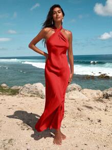 女士纯色梭织吊带连衣裙 - 紅色 - 查看 6