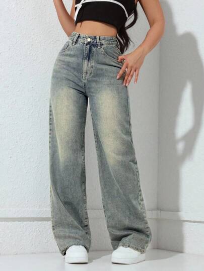 SHEIN x Lina SHEIN ICON Women's Solid Color Simple Casual Denim Pants Y2k