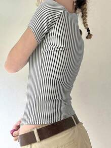 INAWLY 女式条纹印花纽扣前短袖修身 T 恤，夏季 - 白色 - 查看 2