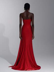 Elitara Women's Elegant Red Shiny V-Neck Gown,Luxurious Elastic Knit Bra Cup Boned Pleating High Slit Fish Tail Dress For Formal Events,Weddings & Galas - Burgundy - View 4