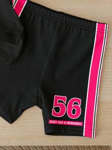 SHEIN 女婴休闲简约“Girls Trip”经典运动风，数字 56 时尚标语“Every Day Is Memorable”印花，色块袖子设计，撞色领口短袖 T 恤，带有数字 56 和标语印花，搭配合身骑行短裤，适合夏季、运动、健身、休闲外出和社交活动 - 彩色 - 查看 6